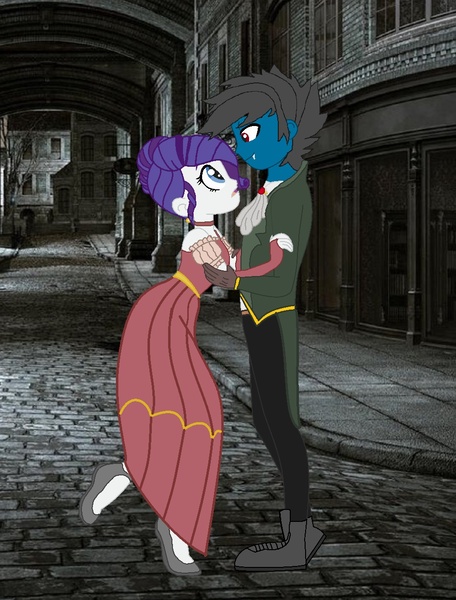 Size: 952x1252 | Tagged: safe, artist:ds59, derpibooru import, rarity, oc, oc:dragun shot, human, vampire, equestria girls, alternate hairstyle, canon x oc, clothes, collar, dracula, drarity, dress, fangs, gloves, jewelry, night, pendant, street, suit, victorian