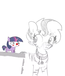 Size: 1440x1681 | Tagged: safe, artist:tjpones, color edit, derpibooru import, edit, twilight sparkle, oc, pony, unicorn, zebra, blush sticker, blushing, chubbie, clown, clown nose, colored, cute, daaaaaaaaaaaw, duo, ear piercing, face paint, female, grayscale, mare, meta, monochrome, pencil drawing, piercing, red nose, simple background, smol, they know, tiny, tiny ponies, tjpones is trying to murder us, tjpones knows who twi clown is, traditional art, twiabetes, twiggie, unicorn twilight, zebra oc