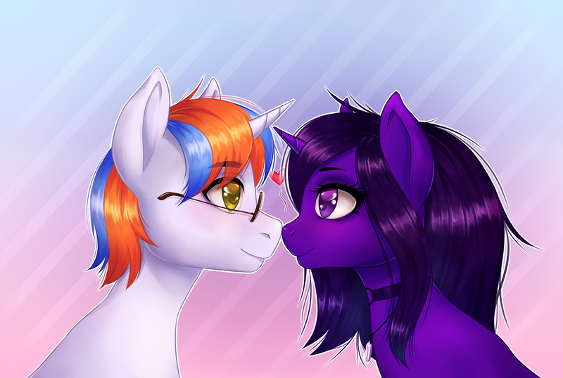 Size: 2500x1682 | Tagged: safe, artist:pinklemon23, derpibooru import, oc, oc:free quill, oc:nova aurora, unofficial characters only, pony, unicorn, blushing, boop, bust, collar, commission, couple, cute, female, glasses, heart, jewelry, looking at each other, male, mare, multicolored hair, necklace, noseboop, portrait, qurora, simple background, stallion, ych result