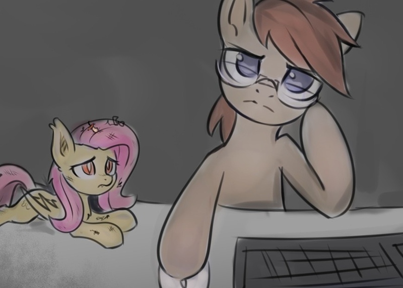 Size: 869x622 | Tagged: safe, artist:inowiseei, derpibooru import, fluttershy, oc, bat pony, pony, bat ponified, colored pupils, computer, computer mouse, cute, dirty, ear tufts, flutterbat, frown, glare, glasses, gray background, injured, keyboard, leaning, lidded eyes, looking at you, looking up, messy mane, micro, no pupils, prone, race swap, sad, sadorable, shyabetes, simple background, trash