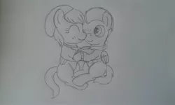 Size: 2560x1536 | Tagged: safe, artist:peternators, derpibooru import, barley barrel, pickle barrel, pegasus, pony, rainbow roadtrip, barrel twins, beanie, brother and sister, clothes, colt, cuddling, female, filly, hat, hoodie, hug, male, monochrome, shirt, siblings, sketch, smiling, snuggling, traditional art, twins