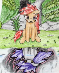 Size: 1876x2319 | Tagged: safe, artist:40kponyguy, derpibooru import, oc, oc:safe haven, unofficial characters only, earth pony, pony, floppy ears, grass, looking down, reflection, solo, traditional art, water