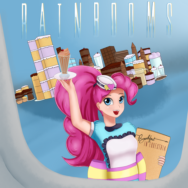 Size: 2000x2000 | Tagged: safe, artist:focusb, derpibooru import, applejack, fluttershy, pinkie pie, rainbow dash, rarity, sunset shimmer, twilight sparkle, human, equestria girls, album cover, album parody, breakfast in america, cake, female, food, frappe, humanized, ice cream, parody, server pinkie pie, solo, supertramp, the rainbooms, waitress