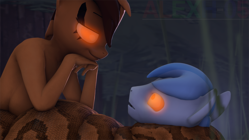 Size: 1600x900 | Tagged: 3d, anthro, artist:alexh-05, breasts, coiling, coils, constriction, derpibooru import, female, glowing eyes, hypnosis, lamia, male, mare, night, oc, oc:alexander, oc:free lancia, original species, questionable, serpent, snake, source filmmaker, squeeze, stallion