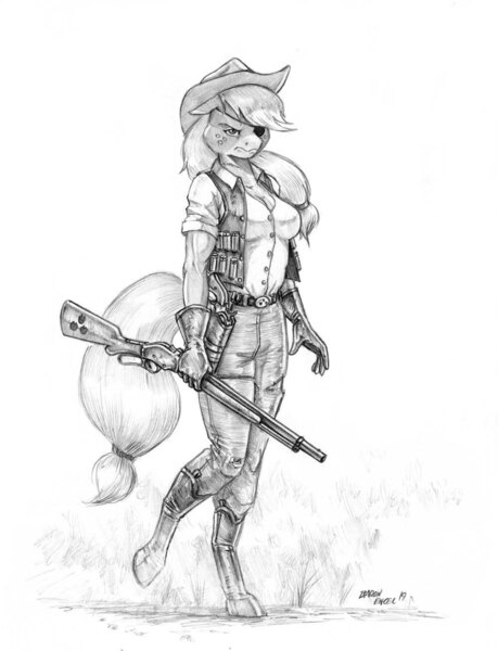 Size: 1000x1307 | Tagged: safe, artist:baron engel, derpibooru import, applejack, anthro, earth pony, boots, breasts, busty applejack, cleavage, clothes, cowboy boots, cowboy hat, eyepatch, female, gloves, grayscale, gun, handgun, hat, image, jpeg, m1887, monochrome, pencil drawing, revolver, shoes, shotgun, simple background, solo, story in the source, traditional art, vest, weapon, white background, winchester model 1887