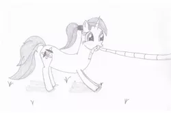 Size: 2048x1355 | Tagged: safe, artist:ragmo, derpibooru import, oc, unofficial characters only, pony, unicorn, atg 2019, female, monochrome, newbie artist training grounds, rope, simple background, standing, traditional art, tug of war, white background