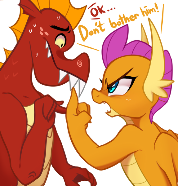 Size: 2220x2319 | Tagged: angry, artist:maren, brother and sister, derpibooru import, dialogue, dragon, duo, female, garble, high res, looking at each other, male, profile, safe, siblings, simple background, smolder, sweat, sweet and smoky, yelling