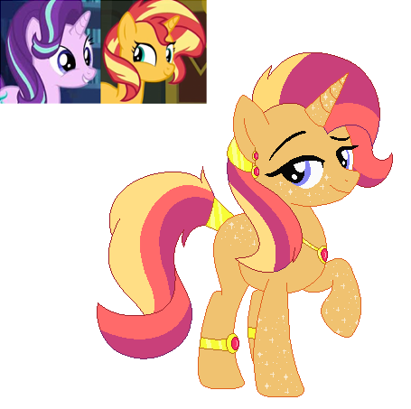 Size: 455x453 | Tagged: safe, artist:funny-arts, artist:selenaede, derpibooru import, starlight glimmer, sunset shimmer, oc, oc:sunshine falls, pony, unicorn, anklet, base used, blank flank, ear piercing, earring, female, jewelry, lesbian, magical lesbian spawn, mare, necklace, next generation, offspring, parent:starlight glimmer, parent:sunset shimmer, parents:shimmerglimmer, piercing, raised hoof, shimmerglimmer, shipping, simple background, white background