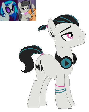 Size: 370x463 | Tagged: safe, artist:funny-arts, artist:selenaede, derpibooru import, octavia melody, vinyl scratch, oc, oc:techno wave, earth pony, pony, unicorn, base used, ear piercing, earring, female, headphones, jewelry, lesbian, magical lesbian spawn, male, next generation, offspring, parent:octavia melody, parent:vinyl scratch, parents:scratchtavia, piercing, ponytail, scratchtavia, shipping, simple background, stallion, white background, wristband