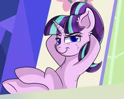 Size: 3000x2400 | Tagged: safe, artist:rainbowtashie, derpibooru import, starlight glimmer, pony, unicorn, the cutie re-mark, cheek fluff, chest fluff, crossed legs, female, hooves behind head, hooves on the table, mare, s5 starlight, scene interpretation, simple background, smiling, smirk, smug, smuglight glimmer, solo, welcome home twilight