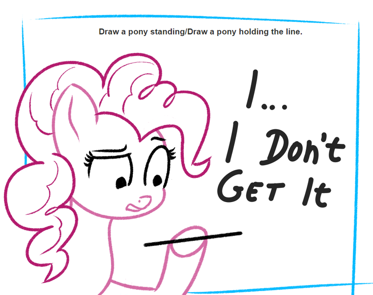 Size: 944x746 | Tagged: safe, artist:wut, banned from derpibooru, deleted from derpibooru, derpibooru import, pinkie pie, earth pony, pony, confused, female, image, line, mare, newbie artist training grounds, png, pun, solo, visual pun