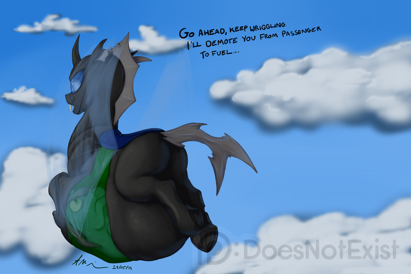 Size: 2000x1333 | Tagged: questionable, artist:theandymac, derpibooru import, oc, oc:evening breeze, oc:gyro tech, changeling, pony, unicorn, butt, changeling oc, changelings eating ponies, cloud, dialogue, fetish, flying, male, male prey, males only, piercing, plot, torn ear, translucent belly, transparent flesh, underhoof, vore, worried