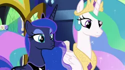 Size: 1920x1080 | Tagged: safe, derpibooru import, screencap, princess celestia, princess luna, alicorn, pony, between dark and dawn, duo, ethereal mane, eyeliner, faic, female, flowing mane, frown, lidded eyes, makeup, mare, pouting, royal sisters, siblings, sisters, smiling, starry mane, twilight's castle