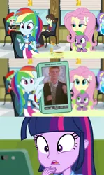 Size: 1280x2142 | Tagged: safe, derpibooru import, edit, edited screencap, screencap, fluttershy, rainbow dash, spike, twilight sparkle, dog, equestria girls, rainbow rocks, comic, meme, mobile phone, never gonna give you up, no regrets, phone, rainbow dash phone meme, rick astley, rickroll, screencap comic, smartphone, spike the dog