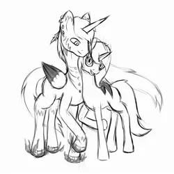 Size: 2000x2000 | Tagged: safe, artist:tunrae, derpibooru import, oc, oc:darkstar, oc:qc, unofficial characters only, alicorn, pony, unicorn, commission, female, male, mare, piercing, sketch, stallion