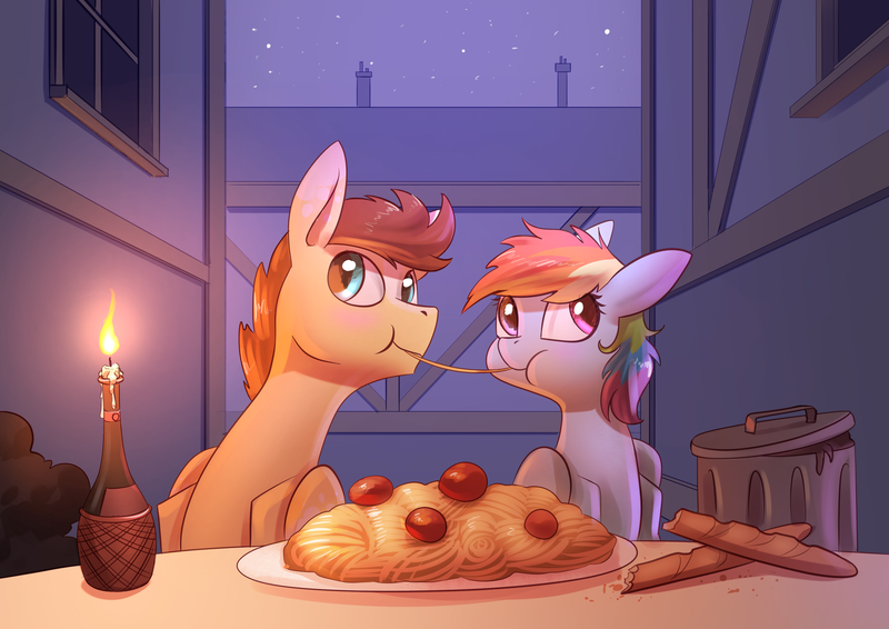 Size: 3508x2480 | Tagged: safe, artist:underpable, derpibooru import, rainbow dash, oc, oc:skittle, pony, canon x oc, commission, duo, female, food, lady and the tramp, male, movie reference, parody, pasta, reference, shipping, skidash, spaghetti, straight