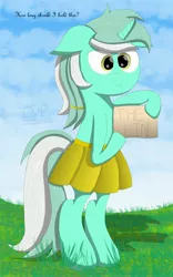 Size: 2500x4000 | Tagged: safe, artist:thevintagepone, derpibooru import, lyra heartstrings, pony, unicorn, atg 2019, bipedal, clothes, dialogue, female, grass, mare, newbie artist training grounds, pleated skirt, sign, skirt, talking