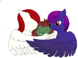 Size: 1600x1200 | Tagged: safe, artist:inanimatelotus, deleted from derpibooru, derpibooru import, oc, oc:fuzzy fabricator, oc:herbal remedy, oc:scarlet radiance, earth pony, pegasus, pony, hug, simple background, snuggling, unfinished art, white background, wholesome