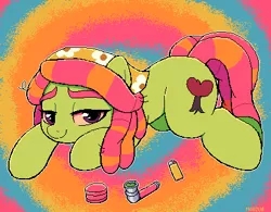 Size: 403x315 | Tagged: safe, artist:moozua, derpibooru import, tree hugger, pony, drugs, grinder, high, lighter, looking at you, lying down, marijuana, pipe, pixel art, prone, red eyes, solo, tree stoner