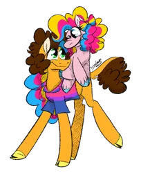 Size: 977x1200 | Tagged: safe, artist:summer-cascades, derpibooru import, cheese sandwich, pinkie pie, earth pony, pony, bisexual, bisexual pride flag, bow, cheesepie, clothes, female, hair bow, hooves, male, mare, pansexual, pansexual pride flag, pride, pride flag, pride month, shipping, shirt, stallion, straight