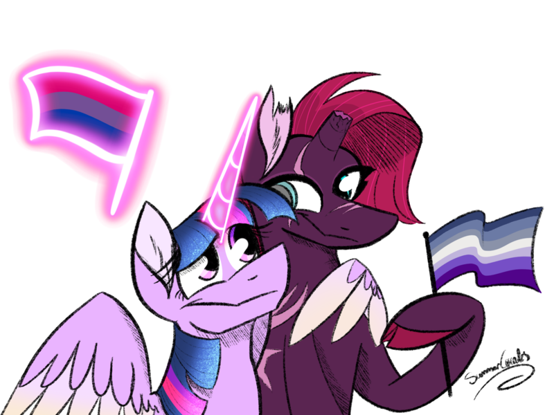 Size: 2048x1536 | Tagged: safe, artist:summer-cascades, derpibooru import, fizzlepop berrytwist, tempest shadow, twilight sparkle, twilight sparkle (alicorn), alicorn, pony, unicorn, bi twi, bilight sparkle, bisexual, bisexual pride flag, broken horn, butch lesbian, butch lesbian pride flag, eye scar, female, glowing horn, horn, hug, lesbian, mare, pride, pride flag, pride month, raised hoof, scar, shipping, simple background, tempestlight, transparent background, winghug