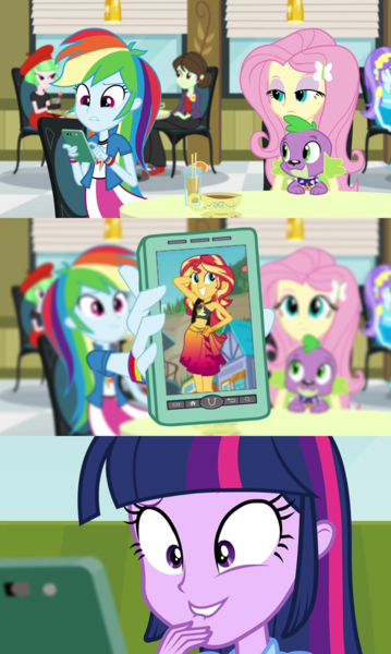 Size: 612x1024 | Tagged: safe, derpibooru import, edit, edited screencap, screencap, aqua blossom, drama letter, fluttershy, rainbow dash, sophisticata, spike, sunset shimmer, twilight sparkle, watermelody, dog, equestria girls, equestria girls series, forgotten friendship, rainbow rocks, implied lesbian, implied shipping, implied sunsetsparkle, lip bite, meme, phone, rainbow dash phone meme, rainbow dash's phone, spike the dog, spike's dog collar, sunset selfie