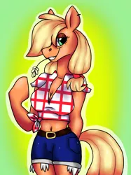 Size: 1280x1707 | Tagged: anthro, applejack, arm hooves, artist:nightton, belly button, breasts, busty applejack, cleavage, clothes, denim shorts, derpibooru import, female, green background, hair over one eye, hay stalk, midriff, plaid shirt, shirt, shorts, simple background, smiling, solo, straw in mouth, suggestive