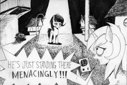 Size: 1791x1200 | Tagged: artist needed, safe, derpibooru import, lyra heartstrings, oc, oc:anonfilly, ponified, earth pony, pony, unicorn, atg 2019, black and white, dialogue, duo, duo female, female, filly, grayscale, hall monitor, hoof hold, lidded eyes, mare, monochrome, newbie artist training grounds, open mouth, speech bubble, spongebob squarepants, streetlight, traditional art, walkie talkie