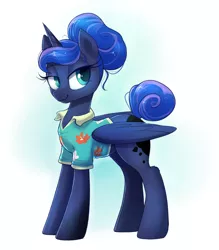 Size: 1506x1718 | Tagged: safe, artist:confetticakez, derpibooru import, princess luna, alicorn, pony, between dark and dawn, alternate hairstyle, atg 2019, clothes, cute, female, hair bun, hawaiian shirt, lidded eyes, lunabetes, mare, newbie artist training grounds, shirt, simple background, smiling, solo, tail bun, wings