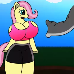 Size: 4000x4000 | Tagged: suggestive, artist:game-beatx14, derpibooru import, fluttershy, anthro, bat pony, elephant, fanfic, arm hooves, big breasts, breasts, busty fluttershy, cleavage, clothes, fanfic art, female, female focus, fimfiction, flutterbat, huge breasts, midriff, offscreen character, race swap, shorts, solo focus, sports bra, trunk