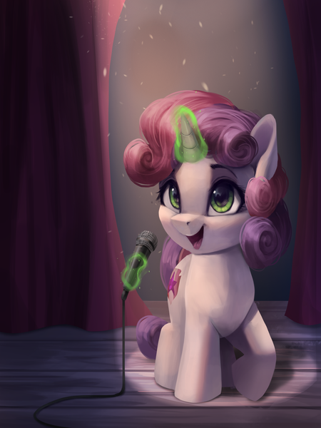 Size: 3000x4000 | Tagged: safe, artist:vanillaghosties, derpibooru import, sweetie belle, pony, unicorn, atg 2019, cute, cutie mark, diasweetes, female, filly, glowing horn, happy, horn, magic, microphone, newbie artist training grounds, open mouth, raised hoof, solo, stage, sweetie belle's magic brings a great big smile, telekinesis, the cmc's cutie marks