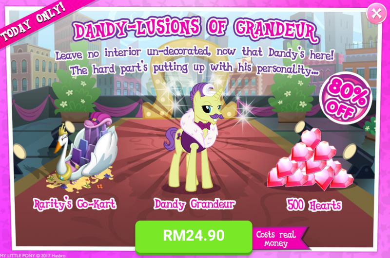 Size: 1036x687 | Tagged: safe, derpibooru import, official, dandy grandeur, bird, pony, swan, unicorn, advertisement, bowtie, clothes, costs real money, facial hair, gameloft, go-kart, male, moustache, pun, sale, solo, stallion, swanlestia cart