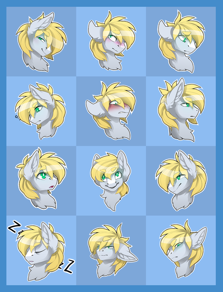 Size: 1636x2148 | Tagged: safe, artist:taiga-blackfield, derpibooru import, oc, oc:cutting chipset, unofficial characters only, pony, angry, blushing, embarrassed, emote, emotes, floppy ears, glare, happy, sad, sleeping, smug, surprised, text