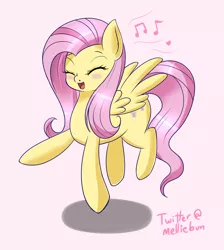 Size: 1700x1900 | Tagged: safe, artist:melliedraws, derpibooru import, fluttershy, pony, blushing, dancing, eyes closed, flying, music notes, singing, solo
