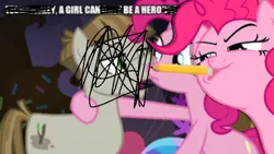 Size: 800x450 | Tagged: caption, derpibooru import, edit, edited screencap, feminism, image macro, mudbriar, party cave, pencil, pinkie pie, safe, screencap, scribbles, technically, text, the maud couple