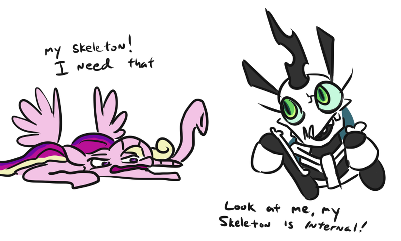 Size: 825x497 | Tagged: artist:jargon scott, body horror, bone, changeling, changeling queen, derpibooru import, duo, female, floppy horn, horn, invertebrate, not salmon, part of a set, payback, princess cadance, queen chrysalis, semi-grimdark, simple background, skeleton, stealing, wat, white background