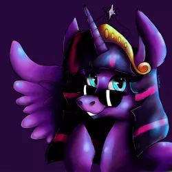 Size: 1280x1280 | Tagged: safe, artist:nightton, derpibooru import, twilight sparkle, twilight sparkle (alicorn), alicorn, pony, big crown thingy, element of magic, female, grin, jewelry, looking at you, mare, one wing out, purple background, raised eyebrow, regalia, simple background, smiling, solo, speedpaint available, sunglasses, twilightlicious, wings