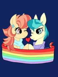 Size: 1280x1707 | Tagged: safe, artist:nightton, derpibooru import, aunt holiday, auntie lofty, pony, the last crusade, blue background, clothes, eye clipping through hair, female, heart, hoofbump, lesbian, lofty day, looking at each other, mare, one eye closed, pride, pride flag, scarf, shipping, simple background, smiling, sweater, wink