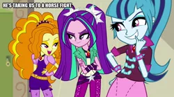 Size: 896x500 | Tagged: safe, derpibooru import, edit, edited screencap, screencap, adagio dazzle, aria blaze, sonata dusk, equestria girls, rainbow rocks, caption, clothes, female, image macro, pigtails, ponytail, skirt, text, the dazzlings, twintails