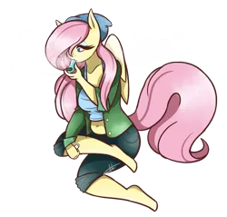 Size: 1049x1002 | Tagged: anthro, artist:kaywhitt, belly button, clothes, derpibooru import, drugs, flutterhigh, fluttershy, high, marijuana, midriff, pegasus, safe, simple background, smoke, smoke weed erryday, solo, transparent background