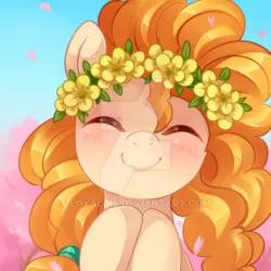 Size: 600x600 | Tagged: safe, artist:loyaldis, derpibooru import, pear butter, earth pony, pony, blushing, cute, deviantart watermark, eyes closed, female, floral head wreath, flower, mare, obtrusive watermark, pearabetes, smiling, solo, watermark