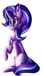 Size: 713x1234 | Tagged: safe, artist:mediasmile666, artist:regiregeart, derpibooru import, starlight glimmer, pony, unicorn, behaving like a dog, big ears, cheek fluff, chest fluff, collaboration, cute, ear fluff, eye reflection, female, glimmerbetes, horn, long horn, mare, raised hoof, reflection, simple background, sitting, smiling, solo, tongue out, transparent background