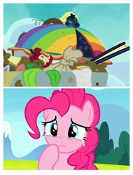 Size: 3106x4096 | Tagged: crying, derpibooru import, edit, edited screencap, food, pie, pinkie pie, safe, screencap, secrets and pies, soarin', that pony sure does love pies, the maud couple, trash, trash can