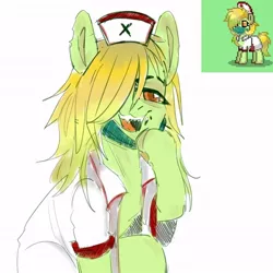 Size: 604x604 | Tagged: safe, artist:cherry_kotya, derpibooru import, oc, oc:sicky, earth pony, pony, pony town, blood, face mask, fangs, mask, nurse, solo, yellow eyes