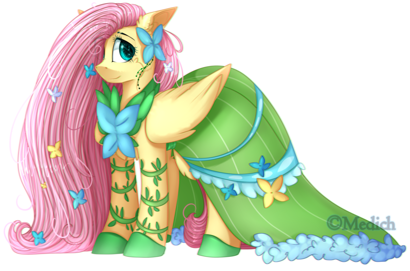 Size: 2897x1915 | Tagged: safe, artist:mediasmile666, derpibooru import, fluttershy, pegasus, pony, cheek fluff, chest fluff, clothes, cute, dress, ear fluff, eye clipping through hair, female, floppy ears, flower, flower in hair, gala dress, hair over one eye, long mane, looking at you, mare, shyabetes, simple background, smiling, solo, speedpaint available, starry eyes, transparent background, wingding eyes