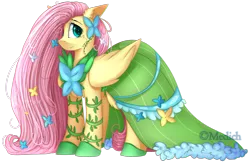 Size: 2897x1915 | Tagged: safe, artist:mediasmile666, derpibooru import, fluttershy, pegasus, pony, cheek fluff, chest fluff, clothes, cute, dress, ear fluff, eye clipping through hair, female, floppy ears, flower, flower in hair, gala dress, hair over one eye, long mane, looking at you, mare, shyabetes, simple background, smiling, solo, speedpaint available, starry eyes, transparent background, wingding eyes
