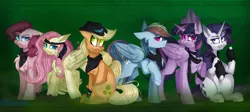 Size: 3000x1338 | Tagged: safe, artist:mediasmile666, derpibooru import, applejack, fluttershy, mean applejack, mean fluttershy, mean pinkie pie, mean rainbow dash, mean rarity, mean twilight sparkle, pinkie pie, rainbow dash, twilight sparkle, alicorn, earth pony, pegasus, pony, unicorn, the mean 6, abstract background, bandana, cape, cheek fluff, chest fluff, clone, clone six, clothes, ear fluff, evil mane six, female, floppy ears, frown, glowing eyes, grin, image, liarjack, lidded eyes, looking at you, mare, mean six, png, raised eyebrow, raised hoof, scarf, scrunchy face, sidemouth, sitting, smiling, socks, speedpaint available