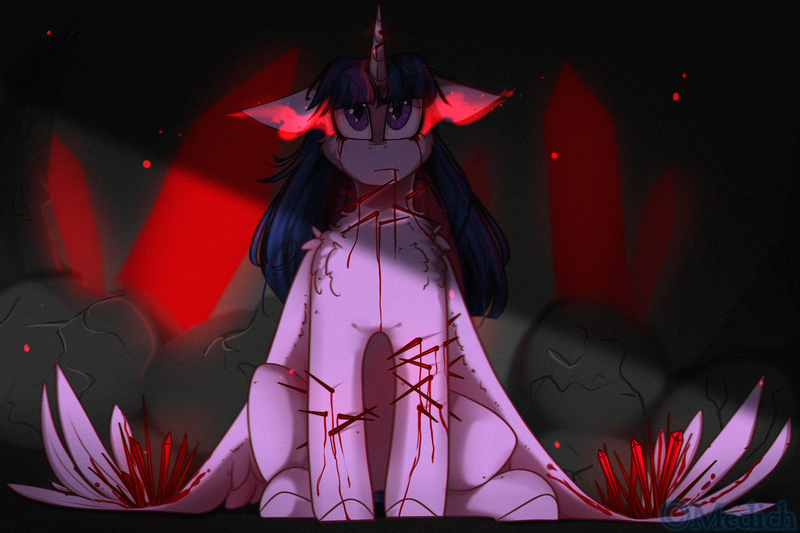 Size: 2768x1843 | Tagged: grimdark, artist:mediasmile666, derpibooru import, twilight sparkle, twilight sparkle (alicorn), alicorn, pony, bleeding, blood, chest fluff, crystal, eye clipping through hair, eye reflection, female, floppy ears, injured, injured wing, looking at you, mare, piercing, reflection, sitting, solo, sombra eyes, speedpaint available, wings