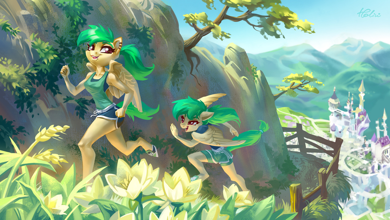 Size: 2894x1636 | Tagged: anthro, anthro oc, artist:holivi, canterlot, clothes, commission, derpibooru import, female, mare, oc, oc:cloud skipper, oc:sky rider, pegasus, running, safe, scenery, siblings, sisters, smiling, twins, unguligrade anthro, unofficial characters only