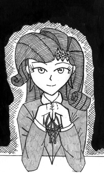 Size: 1502x2511 | Tagged: safe, artist:atisuto17, derpibooru import, rarity, equestria girls, doki doki literature club, gendo pose, just monika, just monika pose, just rarity, monika, monochrome, rarika, traditional art